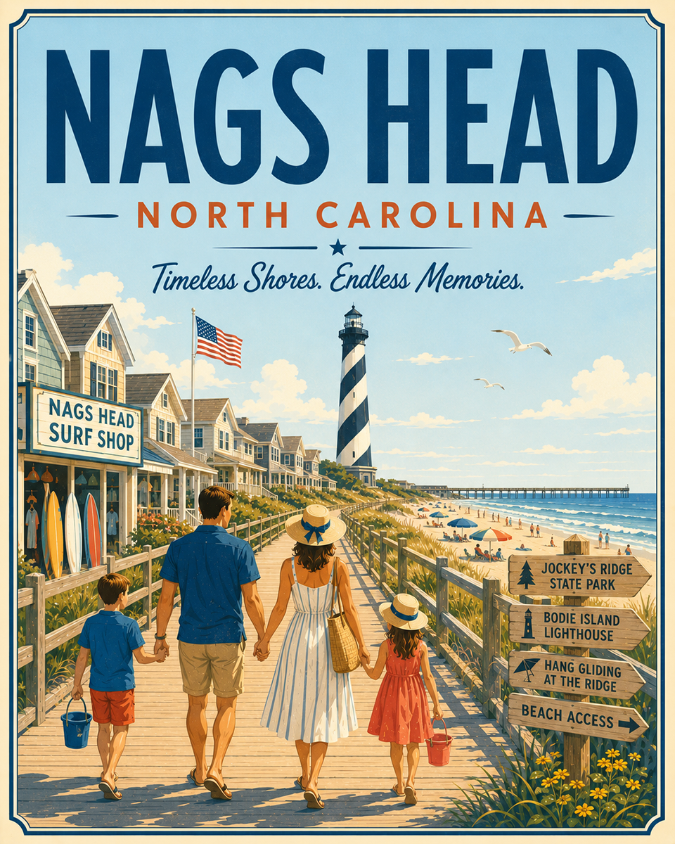 Coastal Artwork - Nags Head Harbor Walk - North Carolina - Vintage Coastal Travel Poster