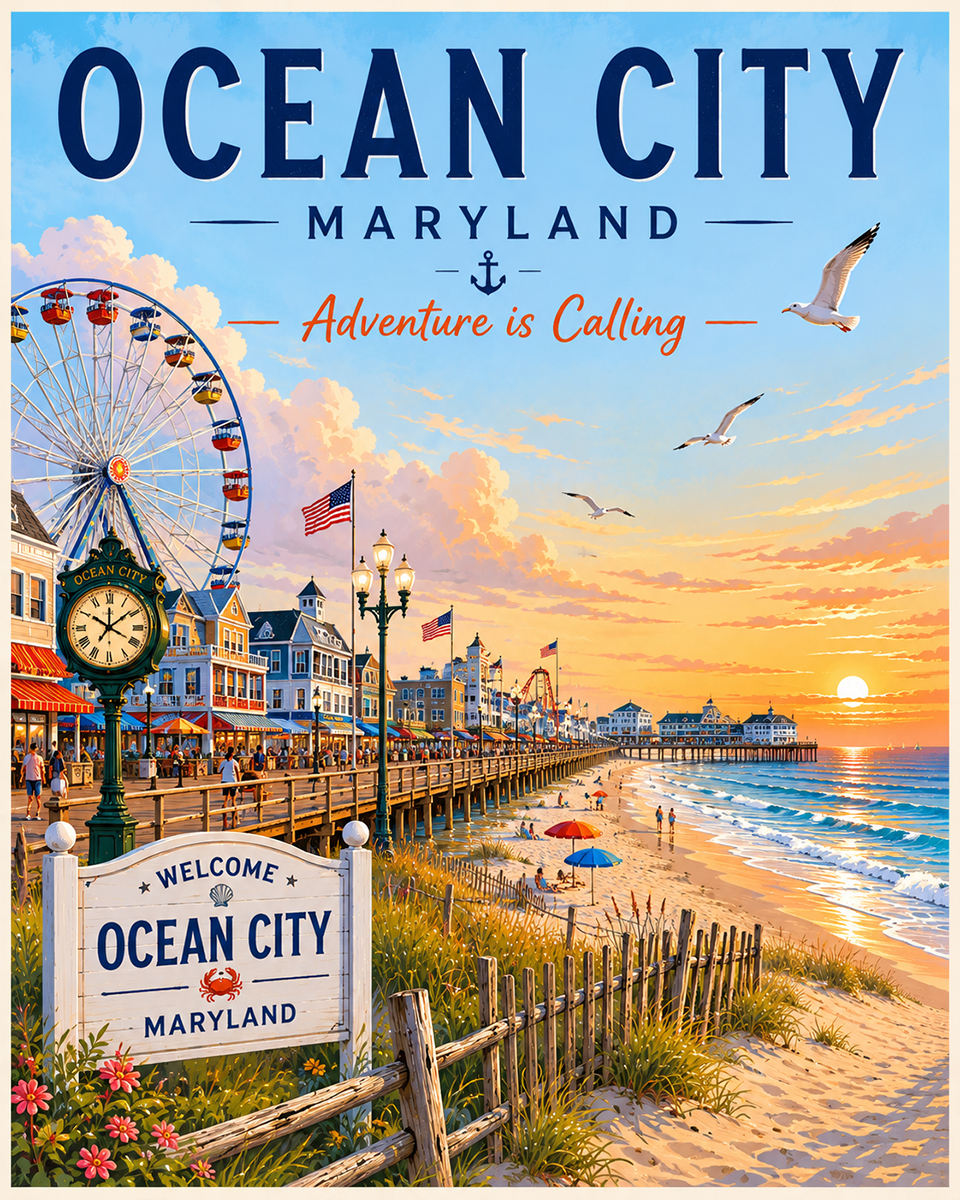 Coastal Artwork - Ocean City Beach - Maryland - Vintage Coastal Travel Poster