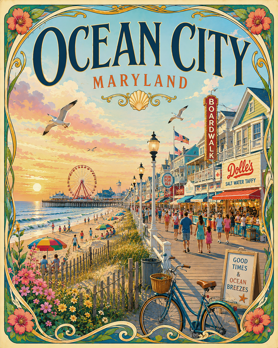 Coastal Artwork - Ocean City Boardwalk Art Nouveau - Maryland - Vintage Coastal Travel Poster