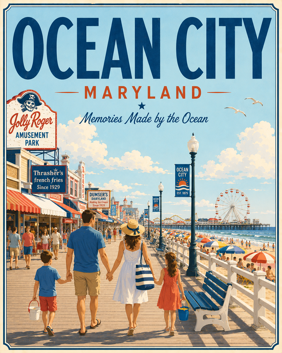Coastal Artwork - Ocean City Boardwalk - Maryland - Vintage Coastal Travel Poster