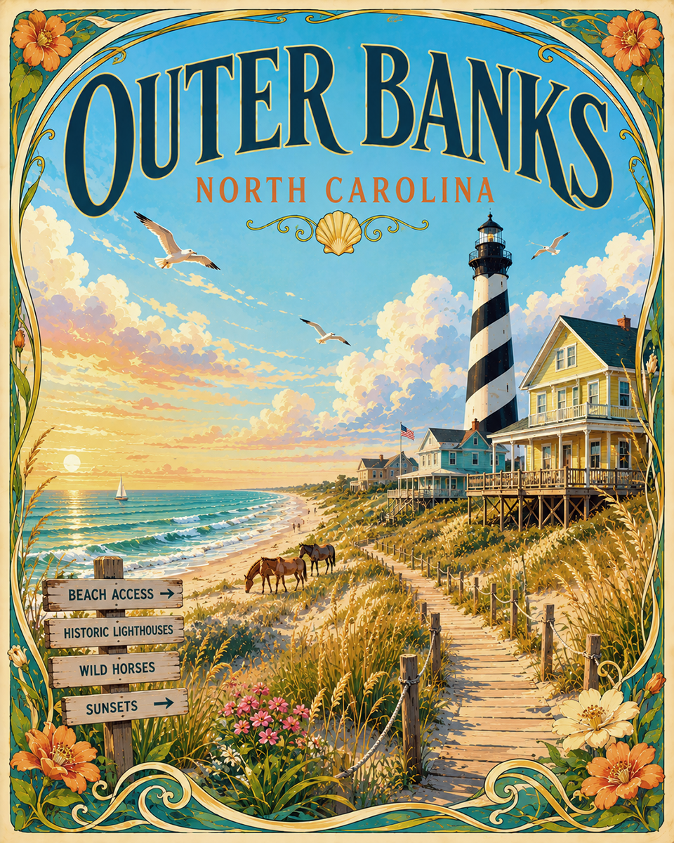 Coastal Artwork - Outer Banks Art Nouveau - North Carolina - Vintage Coastal Travel Poster