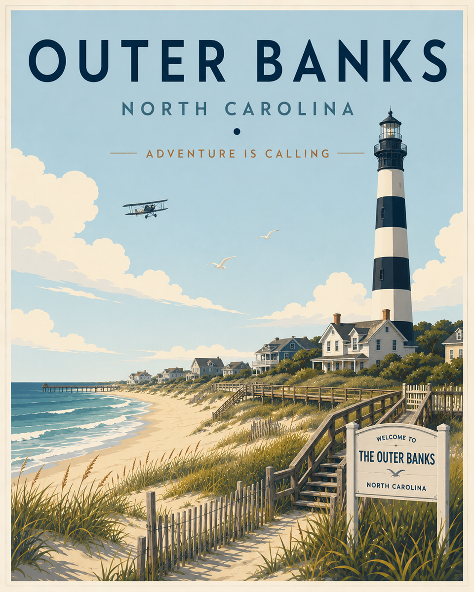 Coastal Artwork - Outer Banks Walkway - North Carolina - Vintage Coastal Travel Poster