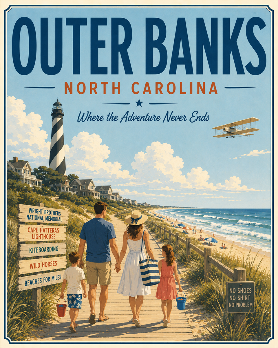 Coastal Artwork - Outer Banks - North Carolina - Vintage Coastal Travel Poster