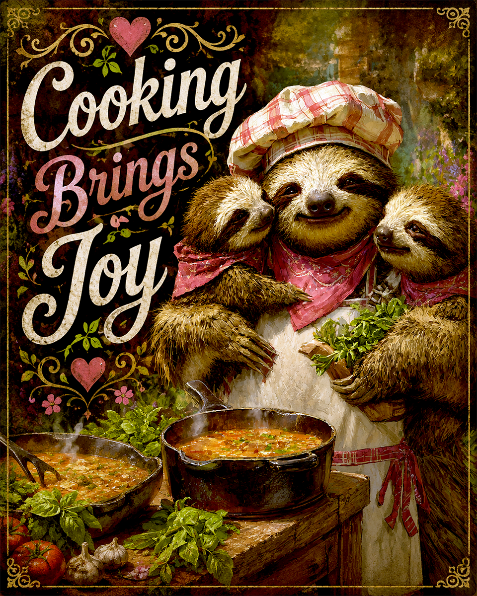 Cooking Brings Joy - Sloth - Whimsical Kitchen Wall Decor