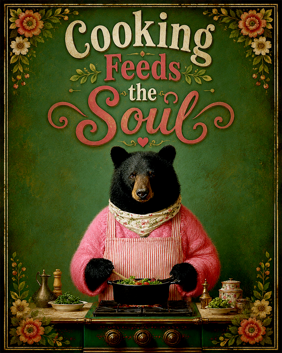 Cooking Feeds the Soul - Black Bear - Whimsical Kitchen Wall Decor