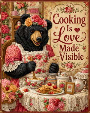Cooking Is Love Made Visible - Black Bear - Whimsical Kitchen Wall Decor