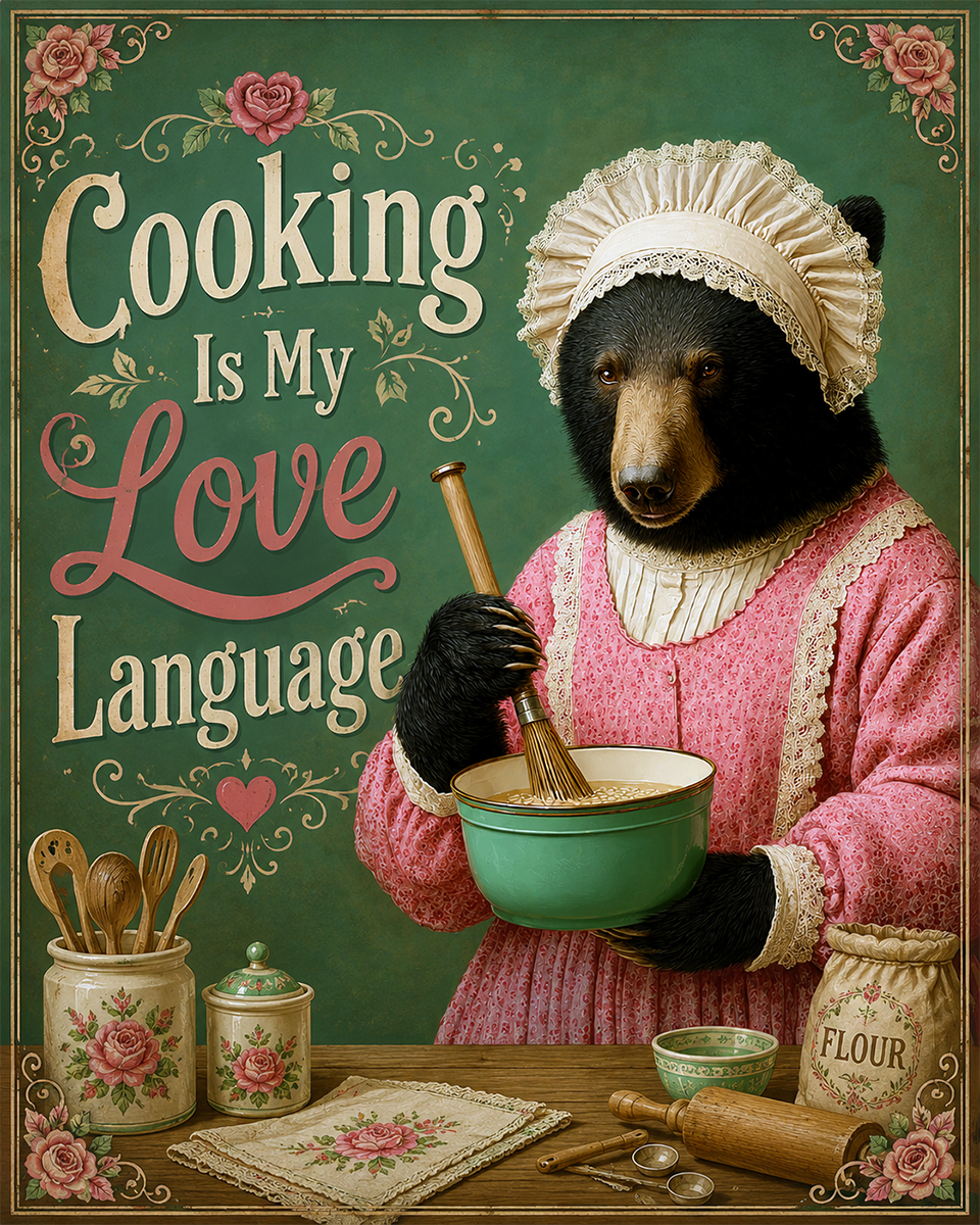 Cooking Is My Love Language - Black Bear - Whimsical Kitchen Wall Decor