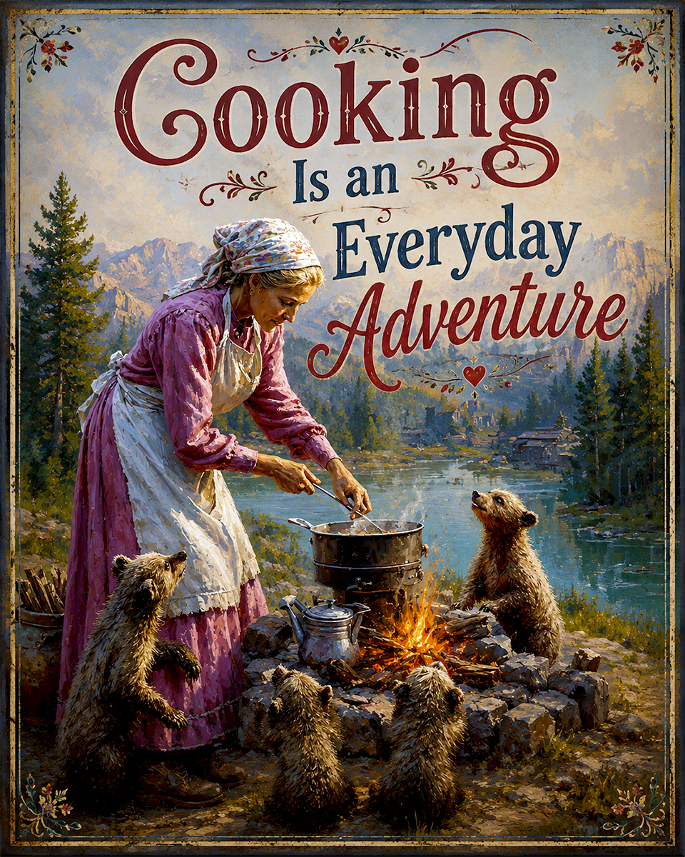Cooking is an Everyday Adventure - Black Bear - Whimsical Kitchen Wall Decor