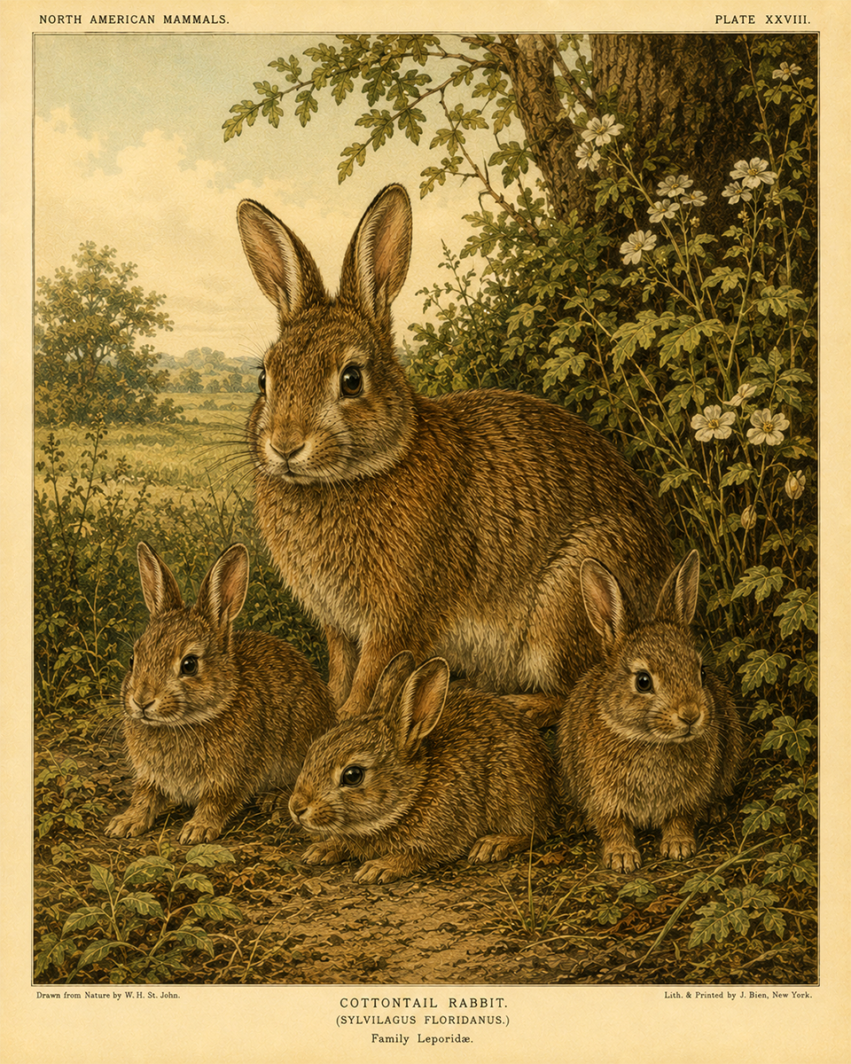Cottontail Rabbit Family - Vintage Wildlife Art - Antique Nature Illustration