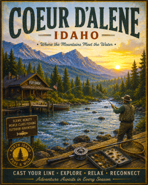 Couer D'Alene Fishing Art Print - Vintage Lake and Fly Fishing Wall Decor