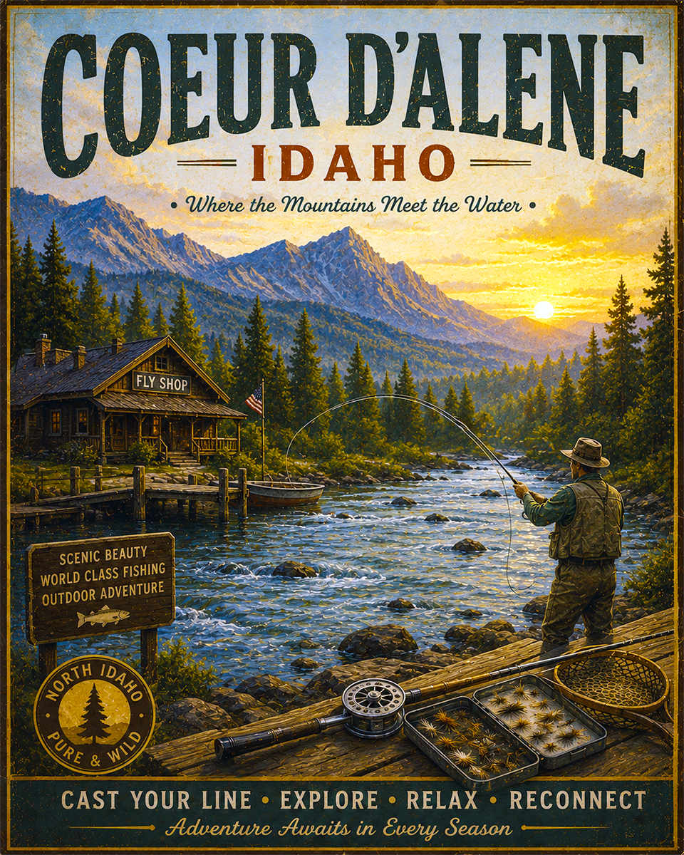 Couer D'Alene Fishing Art Print - Vintage Lake and Fly Fishing Wall Decor