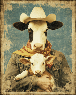 Cow Cowboy with Calf - Cow Art Print