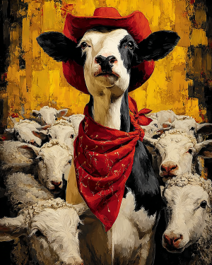 Cowboy Among Sheep - Cow Art Print
