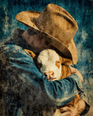 Cowboy Kid with His Calf - Cow Art Print