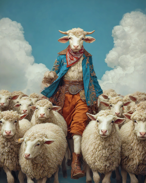 Cowgirl Katy with Her Sheep - Cow Art Print