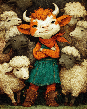 Cowgirl Maggie with Her Sheep - Cow Art Print
