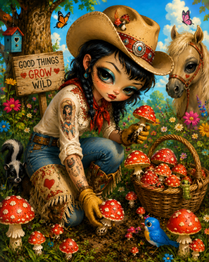 Cowgirl Picking Amanitas - Mushroom Wall Art