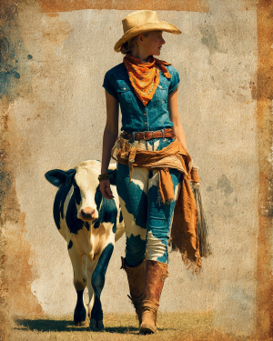 Cowgirl Walking Her Cow Back to the Barn - Cow Art Print