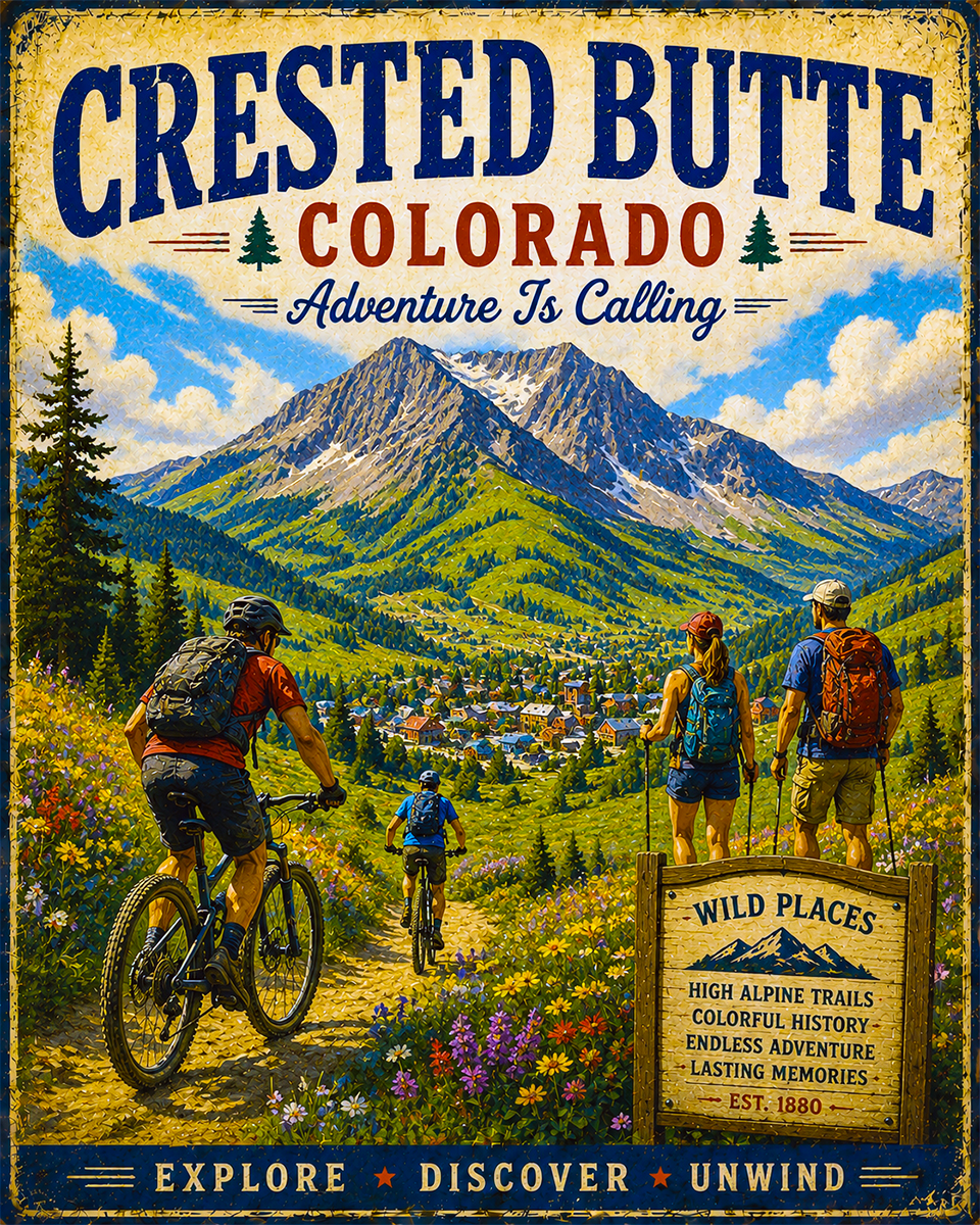 Crested Butte Arizona - Adventure Is Calling Art Print - Vintage Travel Poster Mountain Town Wilderness Wall Decor