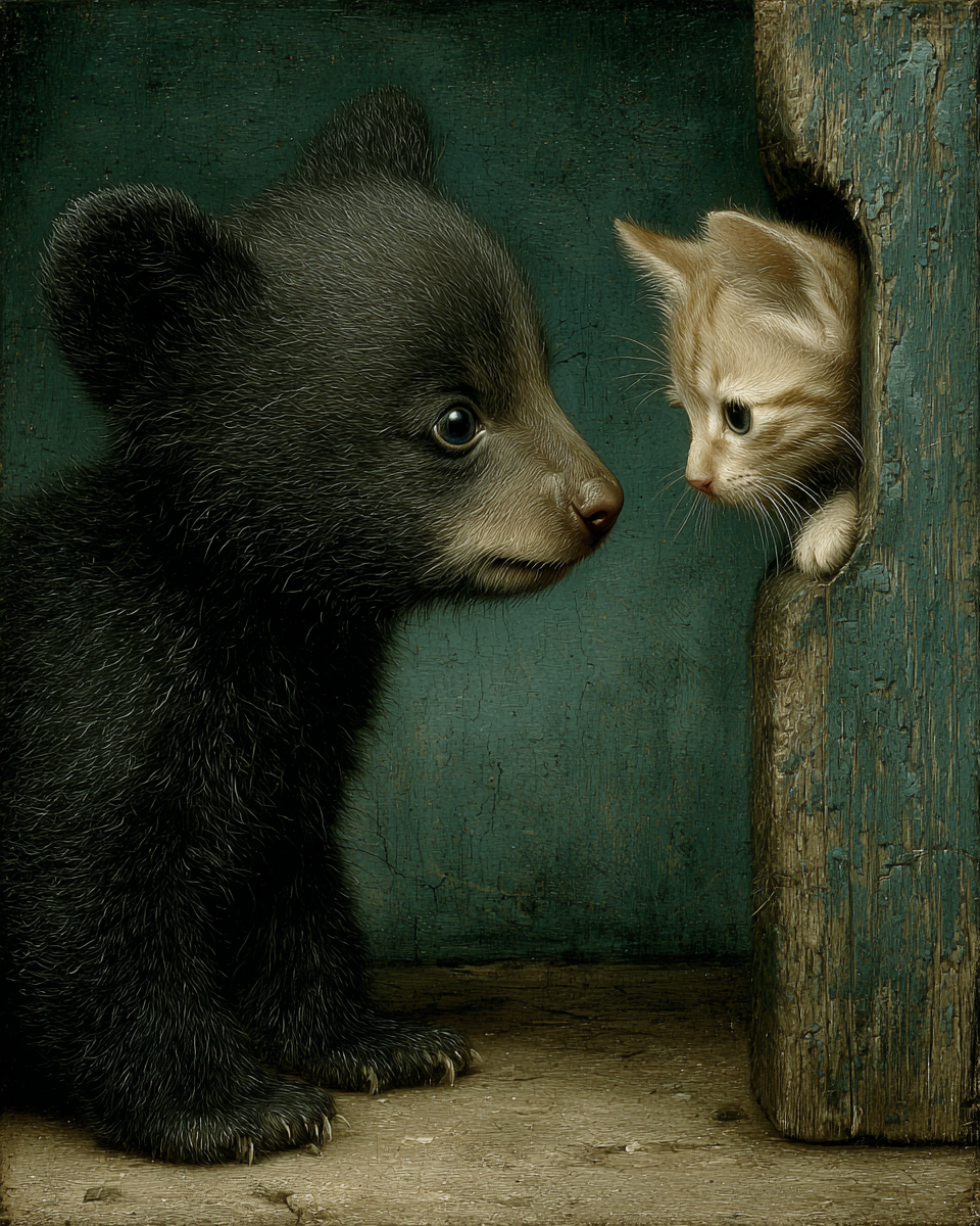 Cub Has a Chance Meeting with a Kitten - Black Bear Art Print