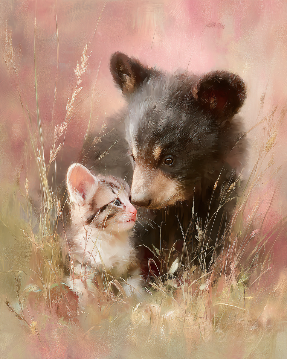 Cub and Kitten Friends - Black Bear Art Print