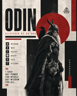 Dark Deco Style - Odin with His Wolf and Ravens - Norse Mythology Art Print