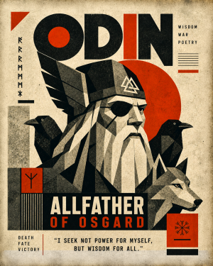 Deco Style - Odin with His Wolf and Ravens - Norse Mythology Art Print
