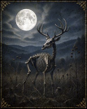 Deer Skeleton Under Full Moon - Folk Horror - Appalachian Gothic Art Print