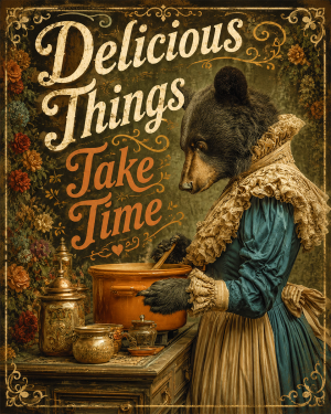 Delicious Things Take Time - Black Bear - Whimsical Kitchen Wall Decor