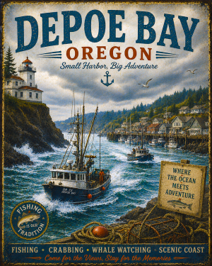 Depoe Bay Oregon Fishing Art Print - Vintage Lake and Fly Fishing Wall Decor