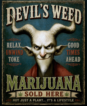 Devils Weed Sold Here Gray Horn - Marijuana Poster