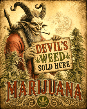 Devils Weed Sold Here Ram Horn - Marijuana Poster