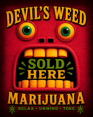Devils Weed Sold Here Red Face - Marijuana Poster
