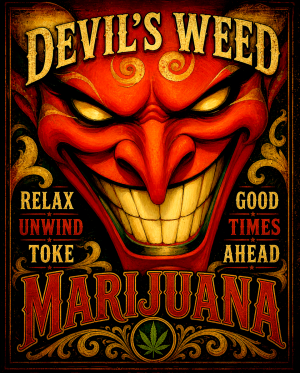 Devils Weed Sold Here Smiling Devil - Marijuana Poster