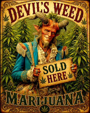 Devils Weed Sold Here Smiling Horned - Marijuana Poster