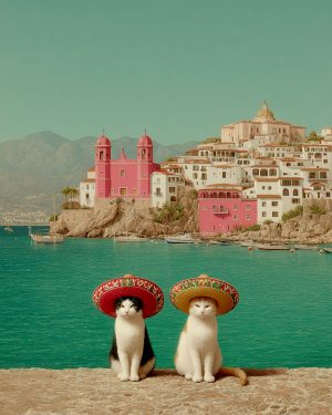 Dos Gatos en un Resort Mexicano - Cats in Hats Art Print