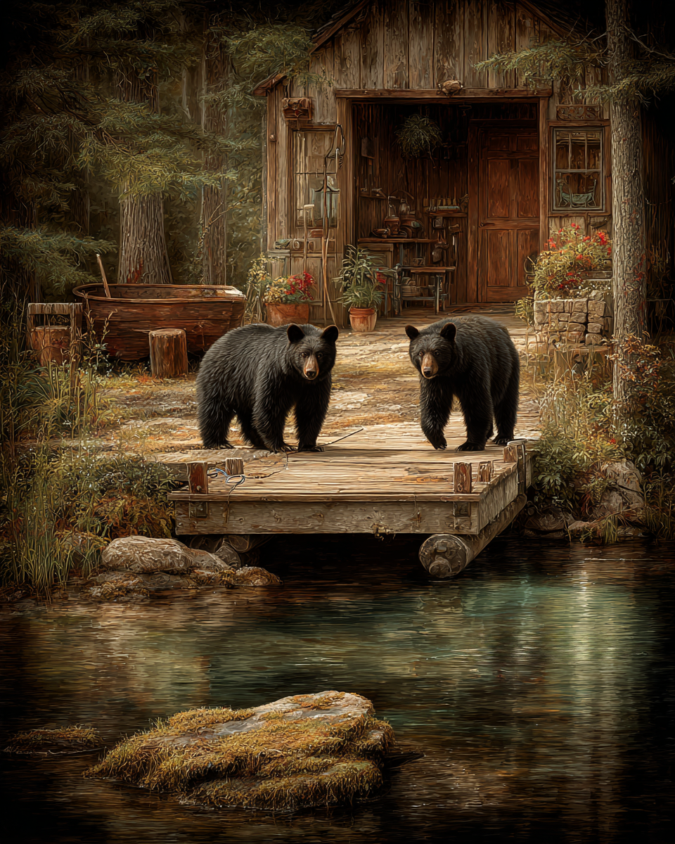 Down by the Dock - Black Bear Art Print