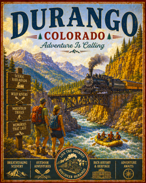 Durango Colorado - Adventure Is Calling Art Print - Vintage Travel Poster Mountain Town Wilderness Wall Decor