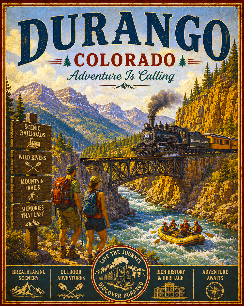 Durango Colorado - Adventure Is Calling Art Print - Vintage Travel Poster Mountain Town Wilderness Wall Decor