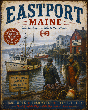 Eastport Maine Fishing Art Print - Vintage Lake and Fly Fishing Wall Decor