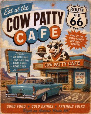 Eat at the Cow Patty Cafe - Route 66 Parody Poster