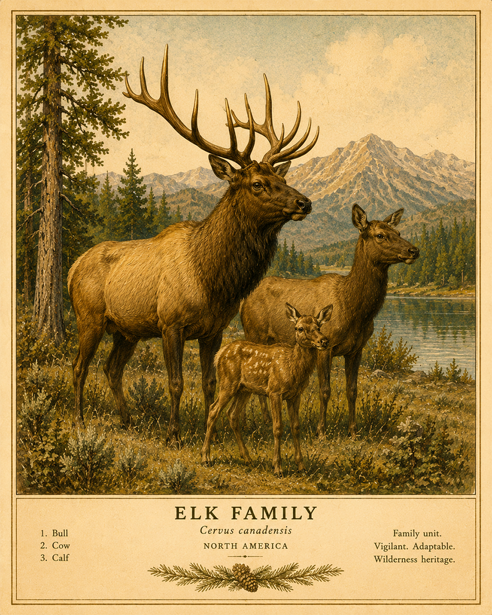 Elk Family - Vintage Wildlife Art - Antique Nature Illustration