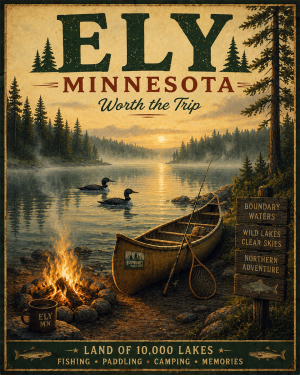 Ely Minnesota Fishing Art Print - Vintage Lake and Fly Fishing Wall Decor