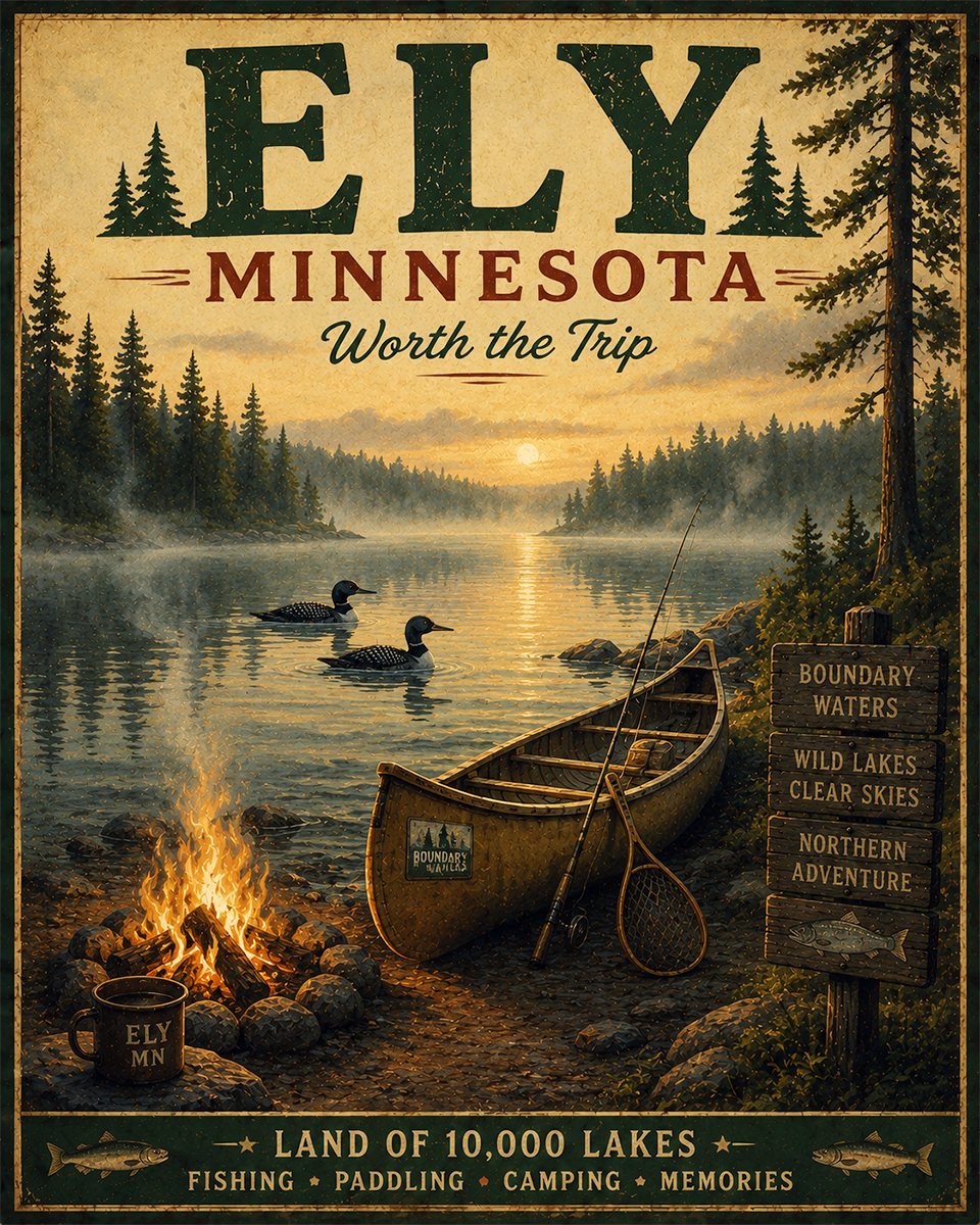 Ely Minnesota Fishing Art Print - Vintage Lake and Fly Fishing Wall Decor
