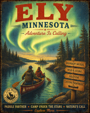 Ely Minnesota - Adventure Is Calling Art Print - Vintage Travel Poster Mountain Town Wilderness Wall Decor