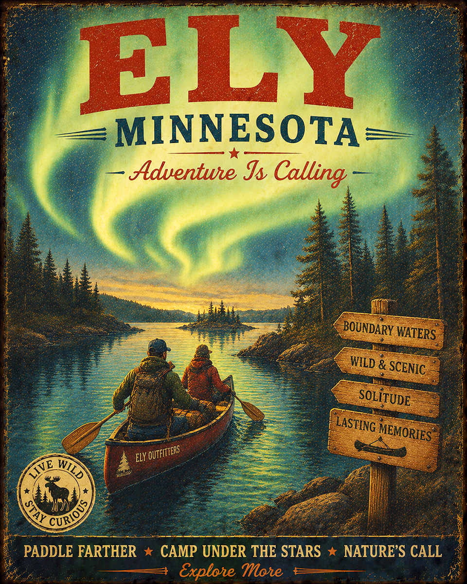 Ely Minnesota - Adventure Is Calling Art Print - Vintage Travel Poster Mountain Town Wilderness Wall Decor