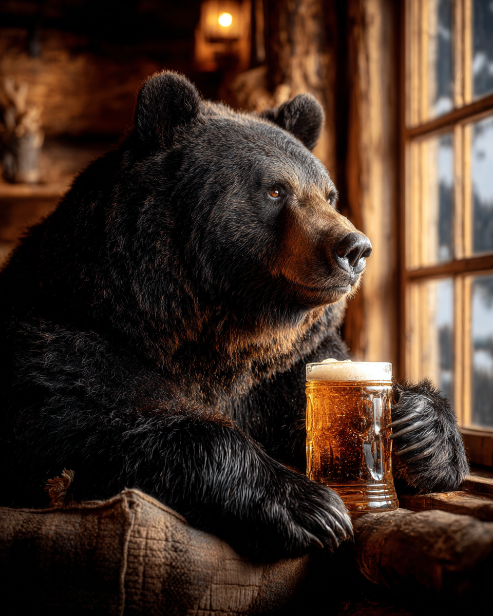 Enjoying a Beer While Looking Out Window - Black Bear Art Print