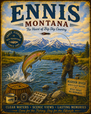 Ennis Montana Fishing Art Print - Vintage Lake and Fly Fishing Wall Decor
