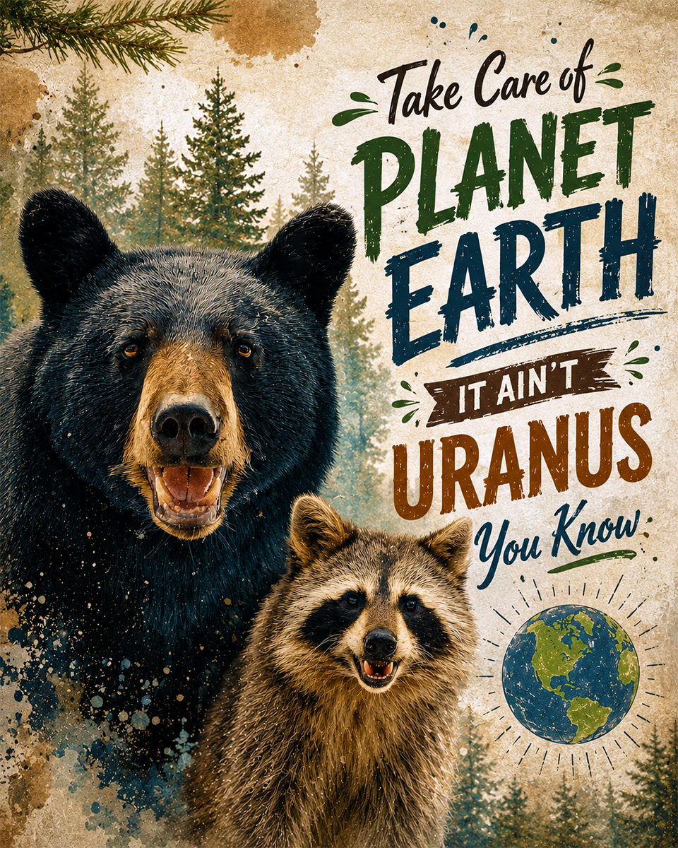 Environmental Wall Art - Bear and Raccoon - Take Care of Planet Earth It Ain't Uranus You Know