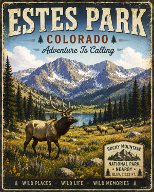 Estes Park - Adventure Is Calling Art Print - Vintage Travel Poster Mountain Town Wilderness Wall Decor